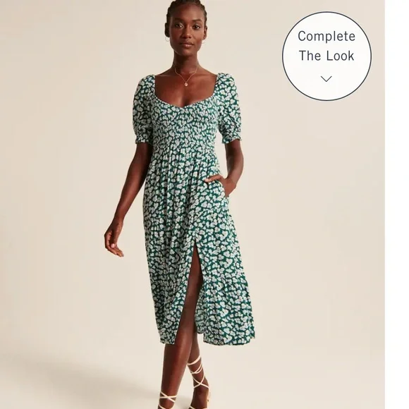 Abercrombie & Fitch Women’s Green Floral Print Short-Sleeve Smocked Midi Dress - Picture 8 of 10